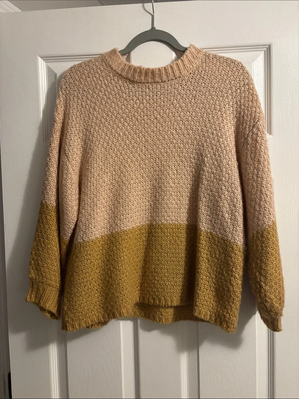 Volcom Two-Tone Knit Crewneck Sweater in Blush and Mustard